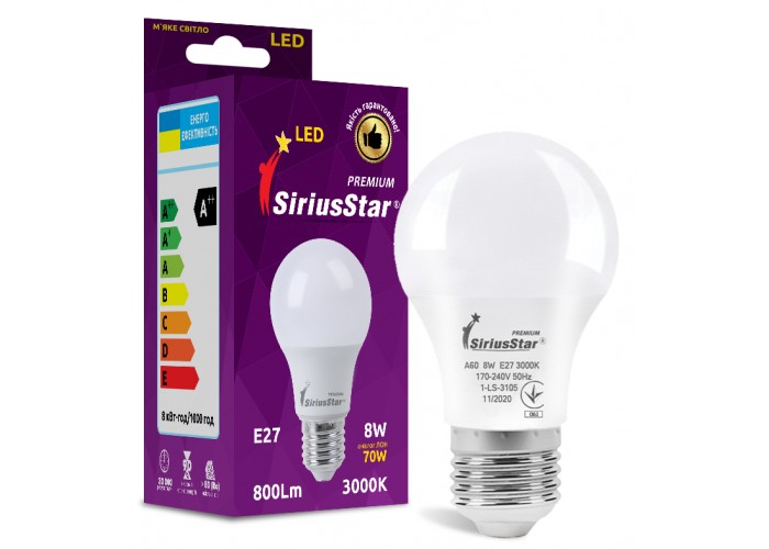 LED лампа Sirius 1-LS-3105 А60 8W-3000K-E27 модель