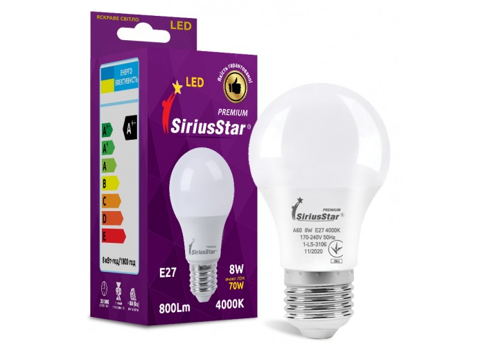LED лампа Sirius 1-LS-3106 А60 8W-4000K-E27 модель