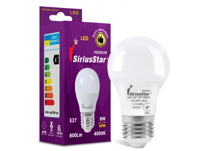 LED лампа Sirius 1-LS-3409 G45 8W-4000K-E27 модель