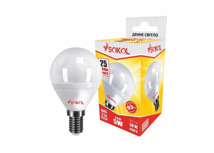 LED лампа SOKOL G45 5.0 W 220В E14 4100К модель