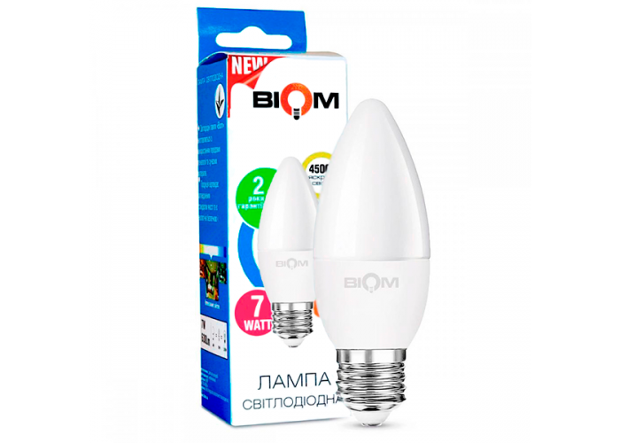 Світлодіодна лампа BIOM BT-568 C37 7W E27 4500K (Свічка) модель